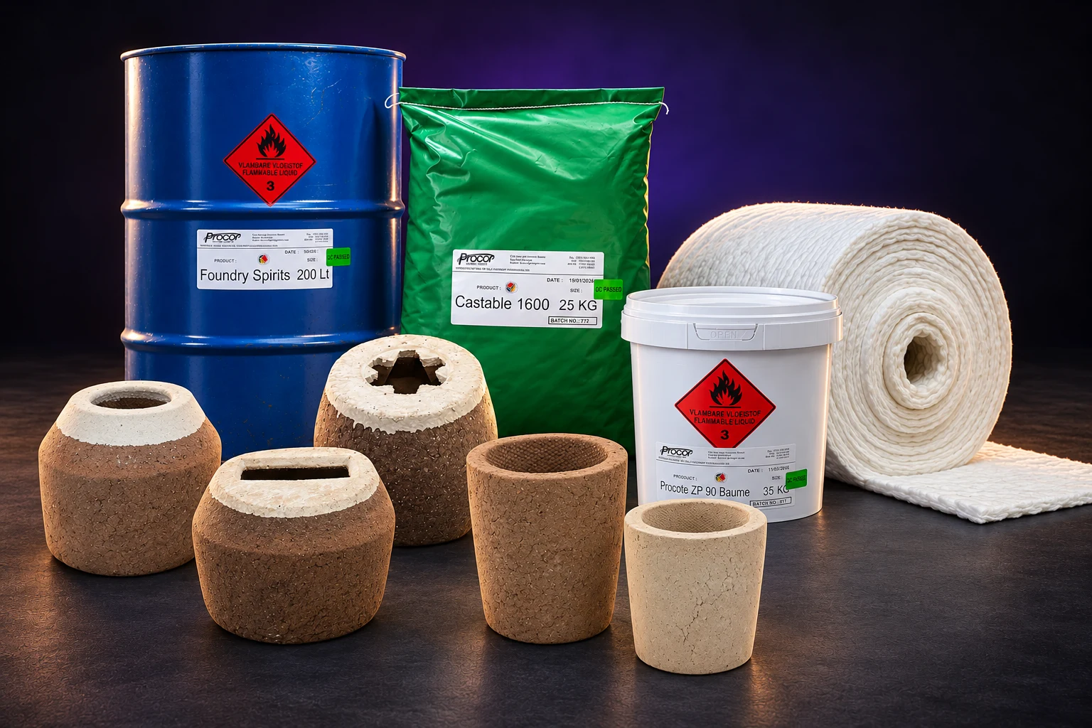 Procor foundry supplies: round-neck, square-neck, star and open sleeves with foundry spirits, mould coating, castable refractory and ceramic fibre insulation