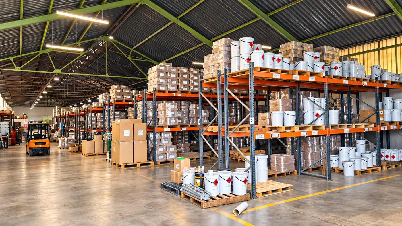 Warehouse aisle with packed foundry sleeves and pails on storage racks
