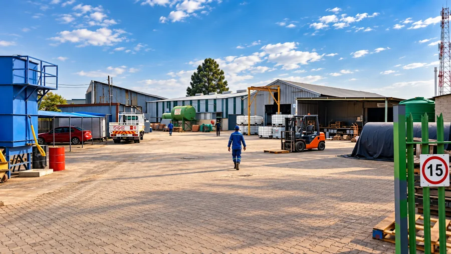Industrial yard with manufacturing buildings and loading operations